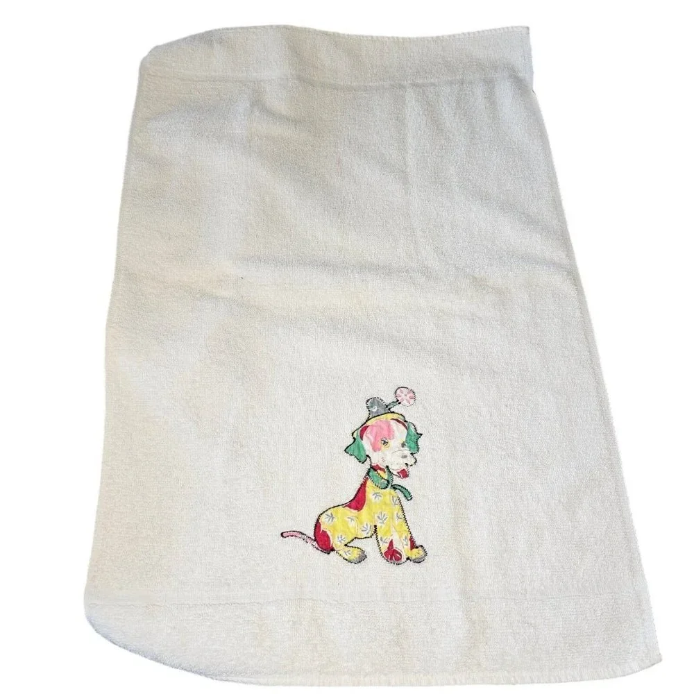 VTG Retro Kitschy Applique Animals 3 Pc Bath Towel‎ Hand And Washrag Set White